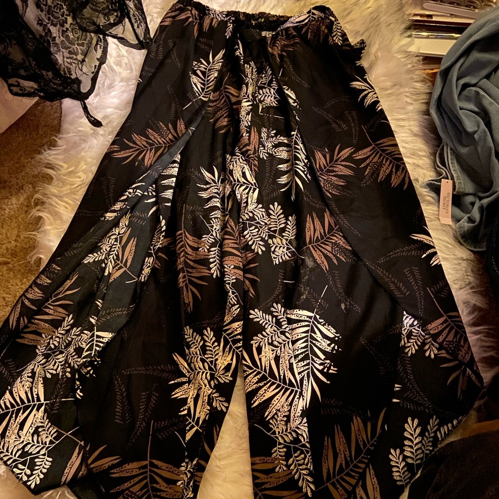 Elegant wide leg Black Floral Women's Pants slit legs